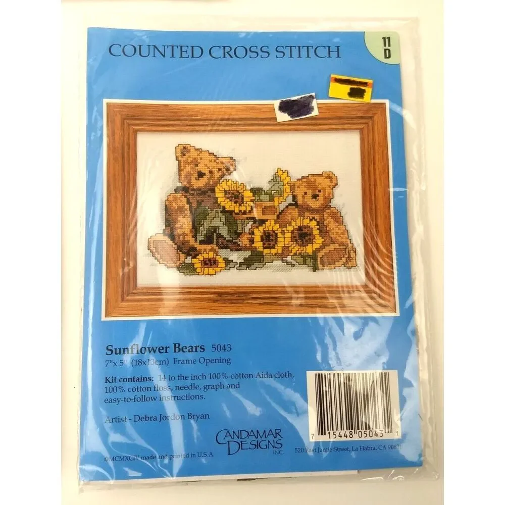 3 Vtg Candamar Designs Counted‎ Cross Stitch & Embroidery Kits Bears School NOS